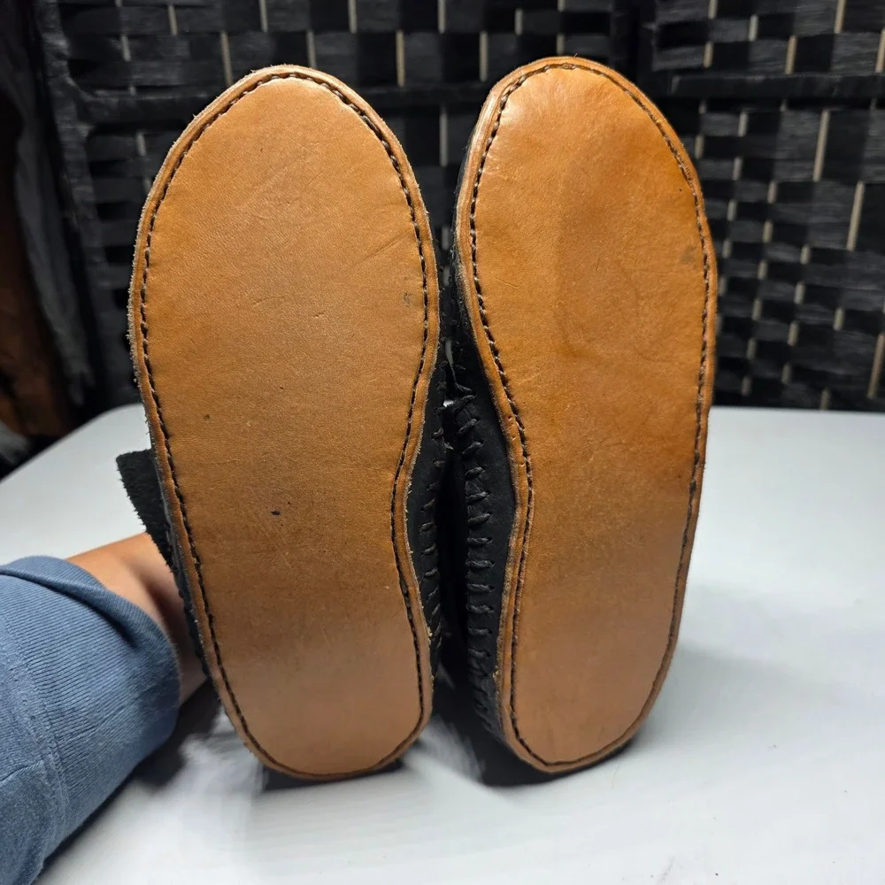Handmade Black Leather Moccasin Boots Ankle Lace Up Whipstitch Women 9.5 Men 8